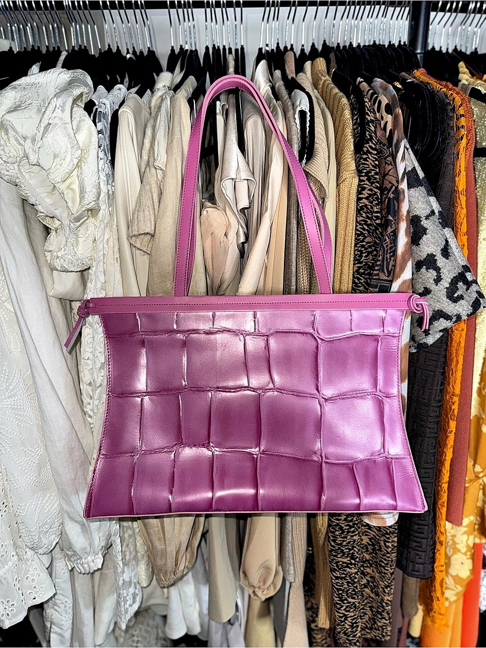 Vintage Tosca Blu Italy Pink Split Leather Croc Embossed Tote Shoulder Bag
